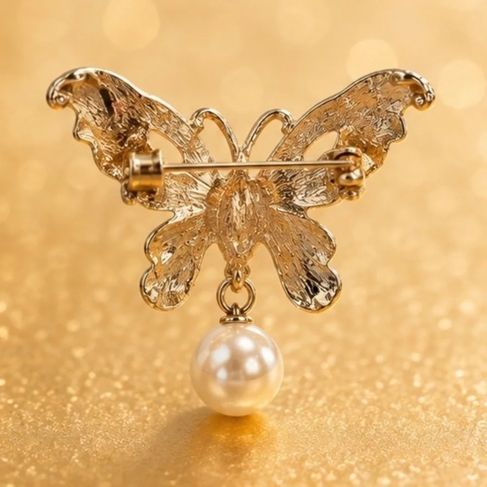 Enamel Butterfly Brooch Gold Tone Filigree Red Crystal Dangle Pearlescent Pin